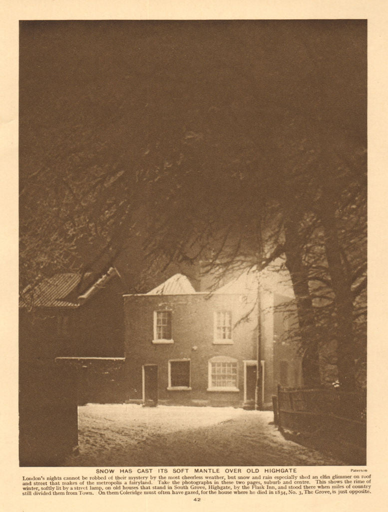 Snow, South Grove, Highgate by the Flask Inn 1926 old vintage print picture